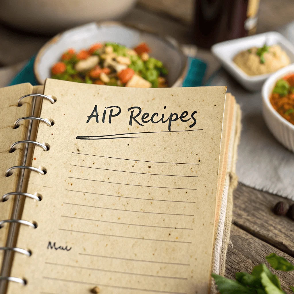 A meal prep scene with AIP-compliant foods: prepped vegetables, labeled containers, and a weekly meal planning notebook on a kitchen counter.