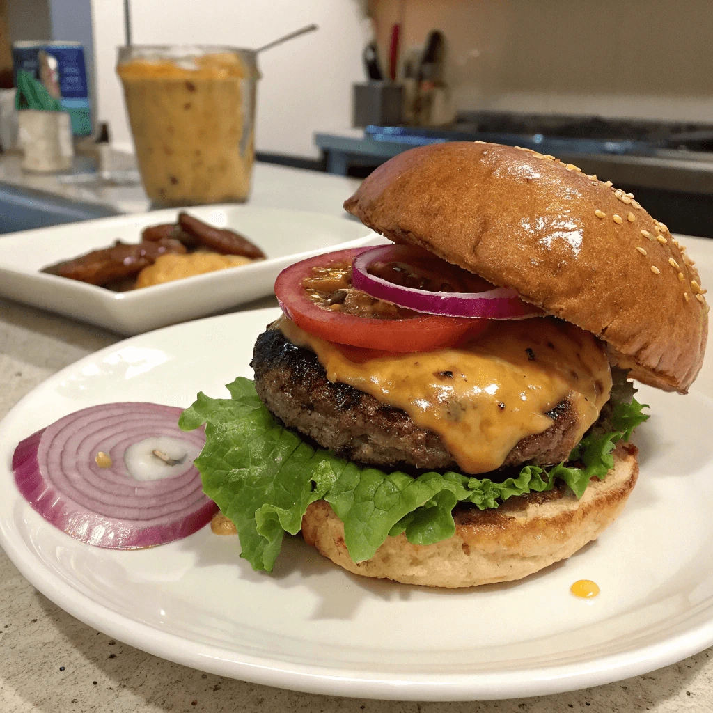 A gourmet Wagyu burger topped with creative ingredients like caramelized onions, melted cheese, and specialty sauces, showcasing variations to elevate your burger experience.