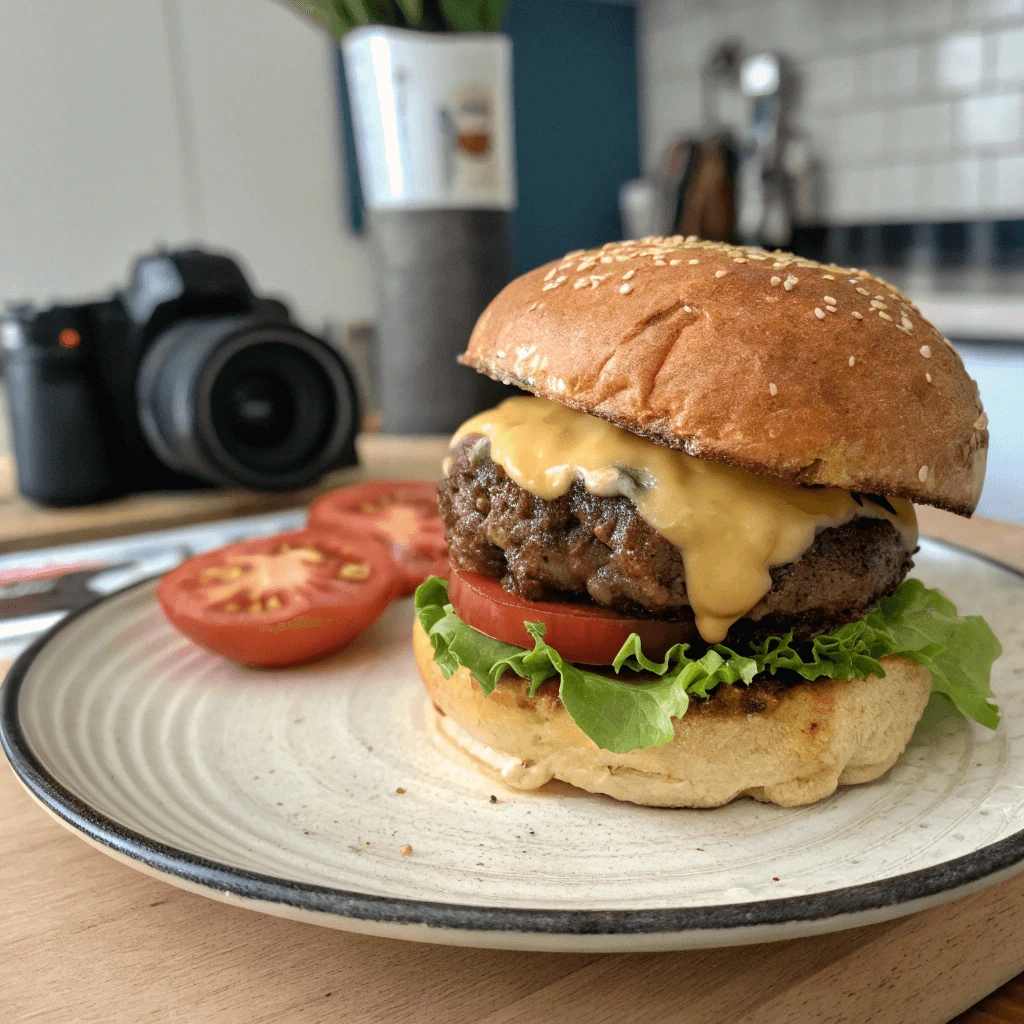 A delicious Wagyu burger being grilled to perfection, showcasing the ideal sear and juiciness. This image highlights essential tips for grilling a Wagyu burger, ensuring it retains its rich flavor and tenderness.