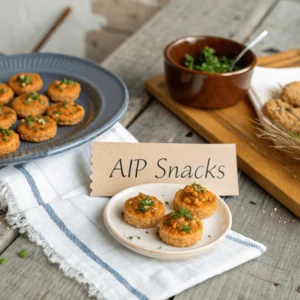 An appetizing spread of AIP snacks, including sweet potato chips, coconut-lemon energy bites, and guacamole, styled on a table.