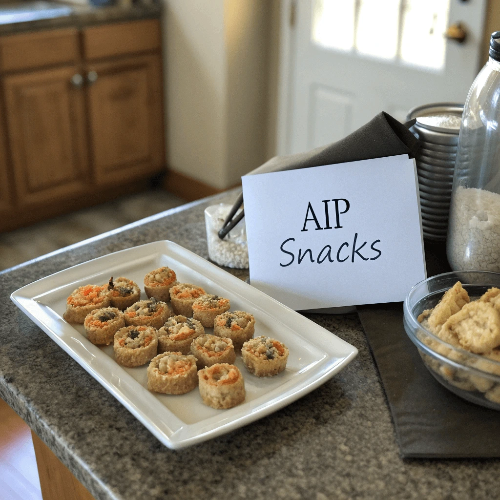 A cluttered kitchen counter with unfinished AIP snack preparations, showing overly large portions and unbalanced ingredients.