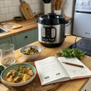 A variety of quick and easy Ninja Foodi dinners, including air-fried salmon, creamy chicken casserole, and vegetable stew, displayed on a dining table.