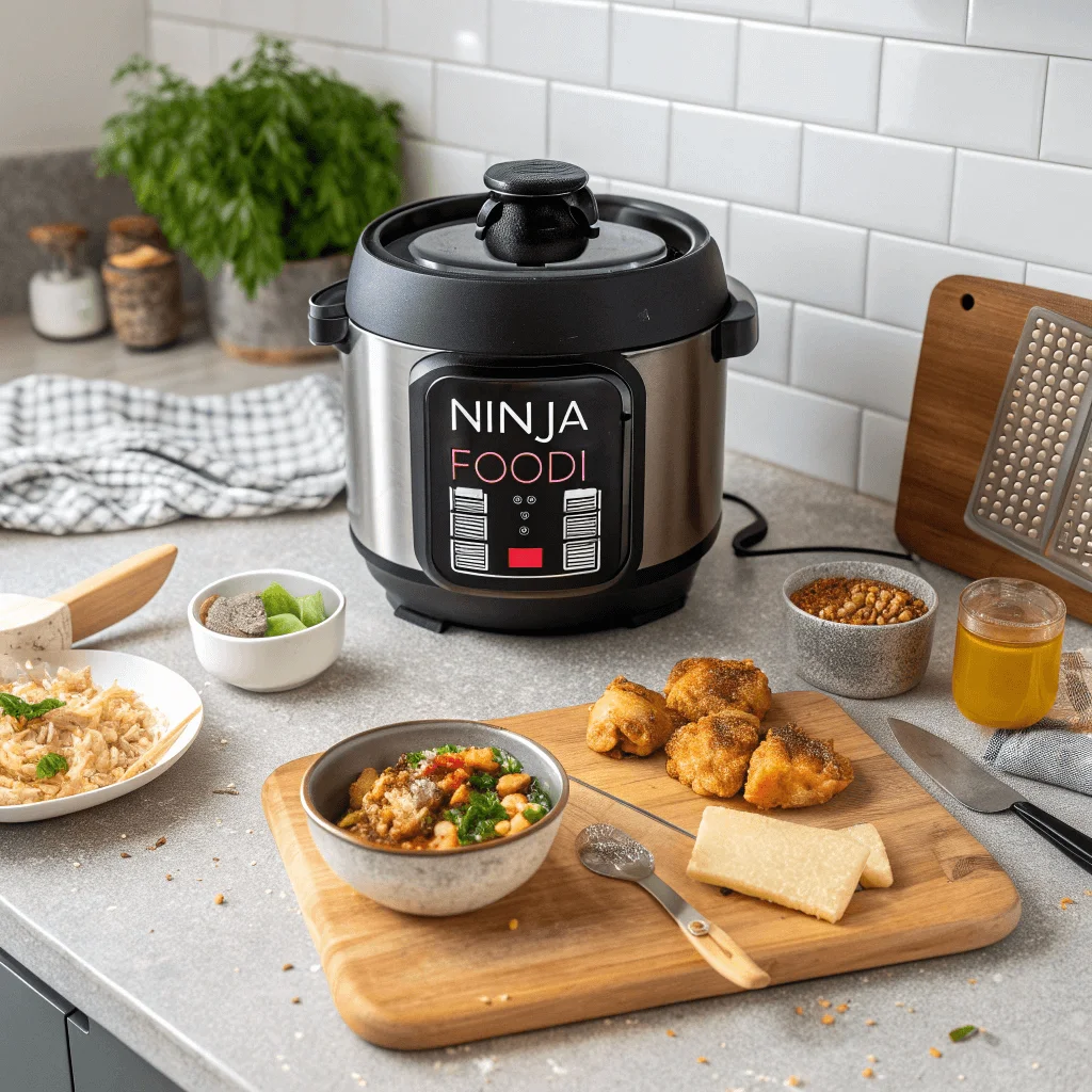 A Ninja Foodi appliance on a kitchen counter surrounded by ingredients like chicken, vegetables, and spices, ready for cooking.