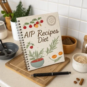 A colorful plate of AIP-friendly foods, including leafy greens, roasted sweet potatoes, and a piece of grilled wild-caught fish, displayed on a wooden table with fresh herbs and spices.