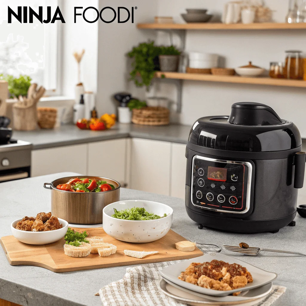 A countertop with prepped ingredients like chopped vegetables, marinated chicken, and jars of seasoning next to a Ninja Foodi.