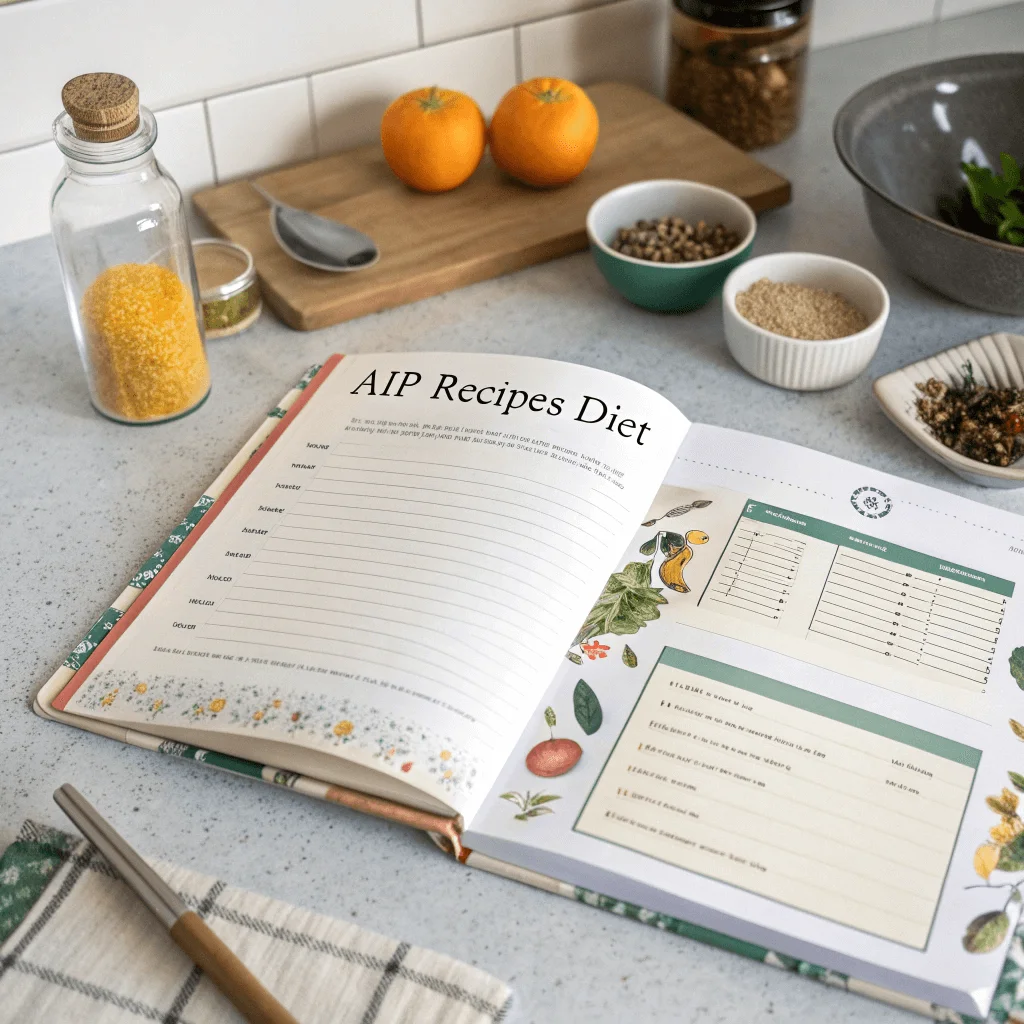 A diagram illustrating the AIP diet process with key components: elimination phase, reintroduction phase, and focus on nutrient-dense foods like leafy greens, fruits, and proteins.