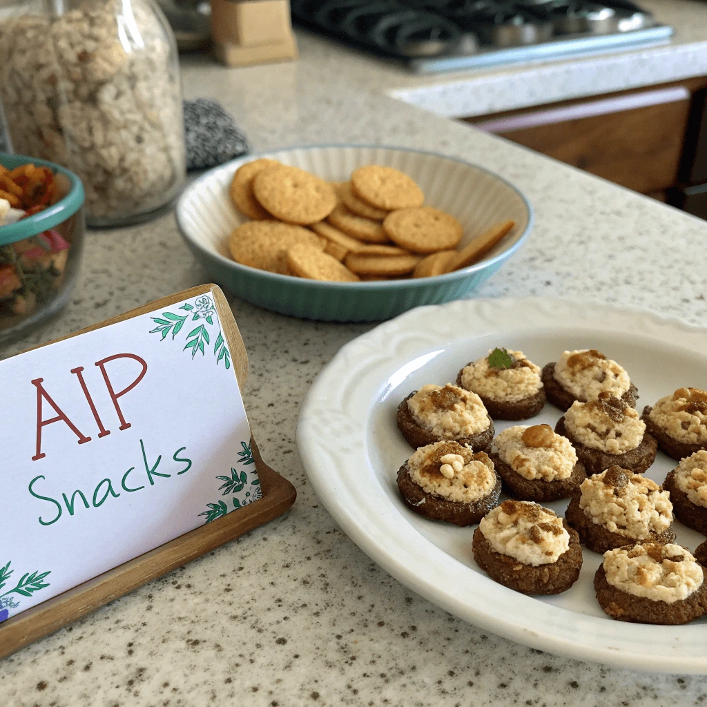 A variety of AIP snacks, including sweet potato chips, carrot sticks, and avocado dip, arranged on a wooden board.