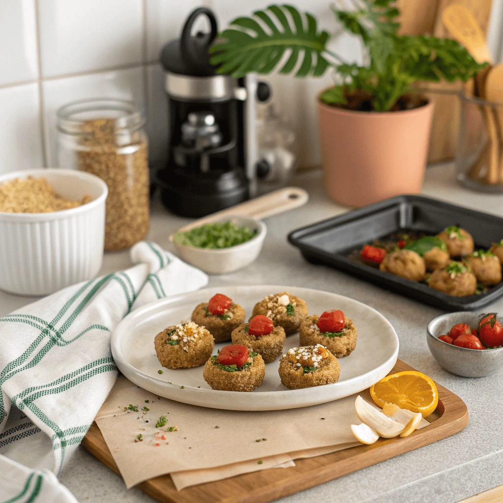 An assortment of AIP-friendly snacks, including zucchini chips, energy bites, and roasted carrot sticks, displayed on a rustic table.