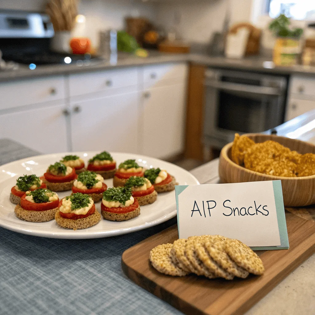 A close-up of AIP staples like coconut flour, cassava flour, fresh vegetables, and a jar of turmeric powder.