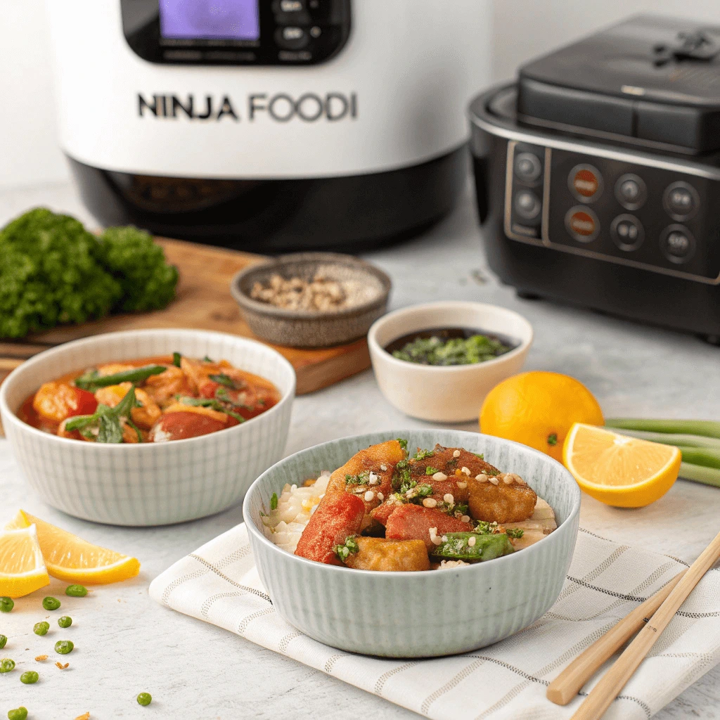 Close-up of a Ninja Foodi in action, with a timer display and neatly prepared ingredients, showcasing beginner-friendly cooking tips.